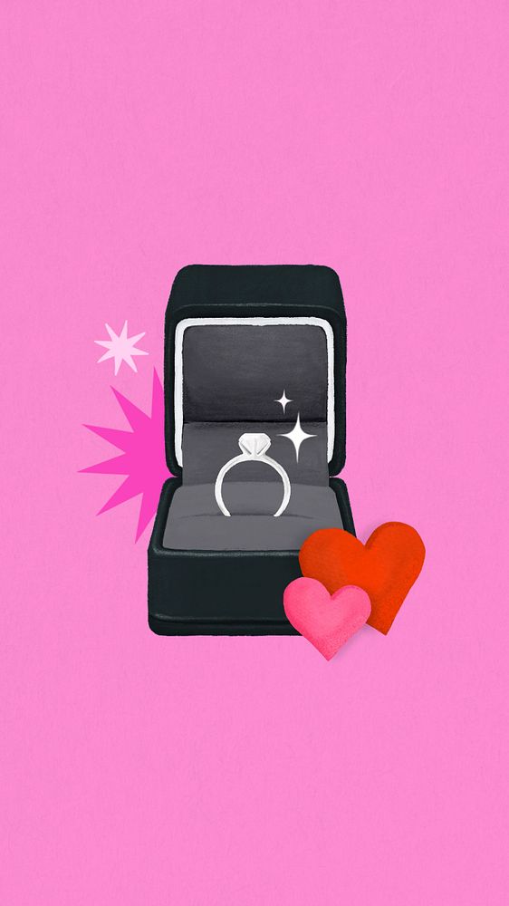 Wedding diamond ring iPhone wallpaper, black velvet box illustration, editable design