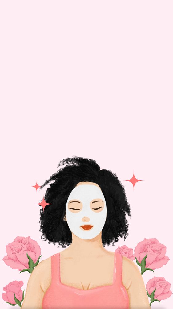 Woman masking face iPhone wallpaper, skincare routine illustration, editable design