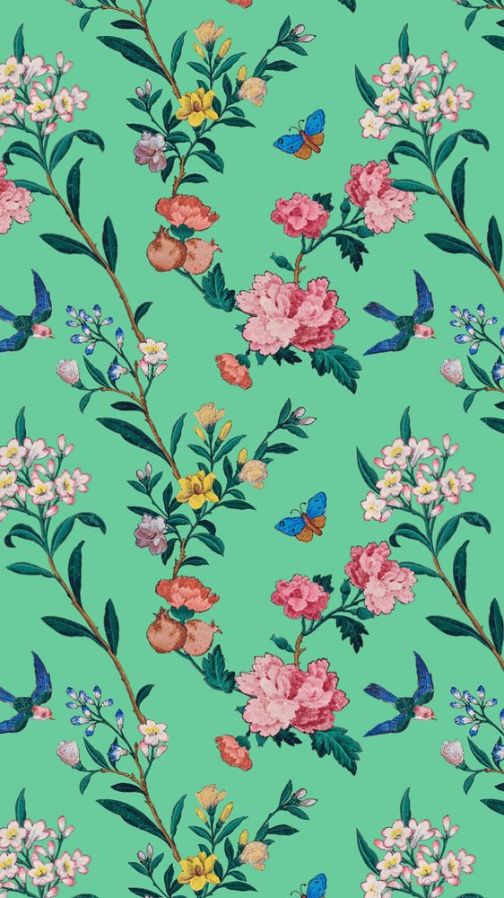 Vintage flower pattern almond blossom iPhone wallpaper, green background