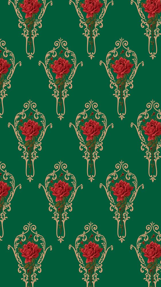 Decorative rose pattern iPhone wallpaper, green background