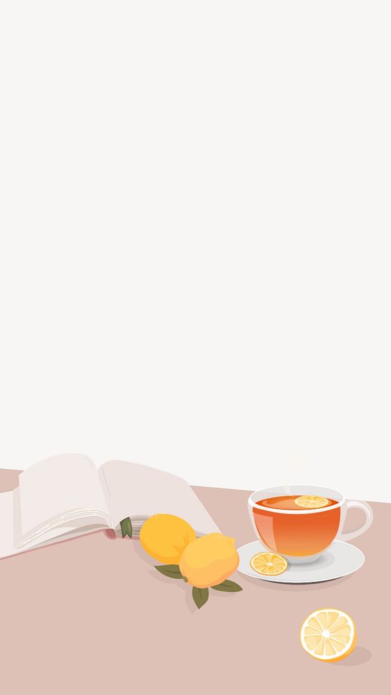 Hot lemon tea iPhone wallpaper, book drink reading editable design