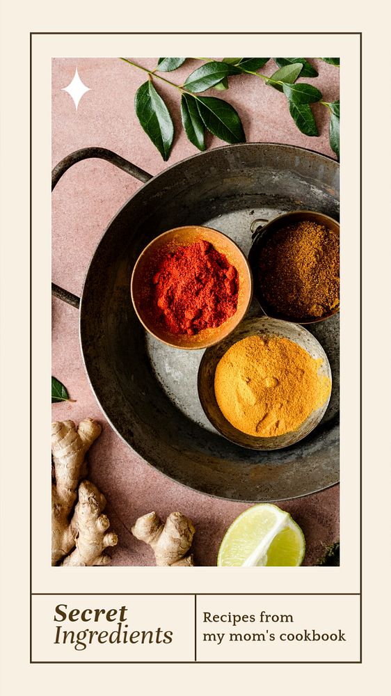 Secret ingredients cookbook   Instagram story template, editable text