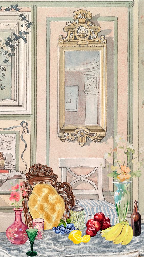 Dining table in room mobile wallpaper, editable watercolor design