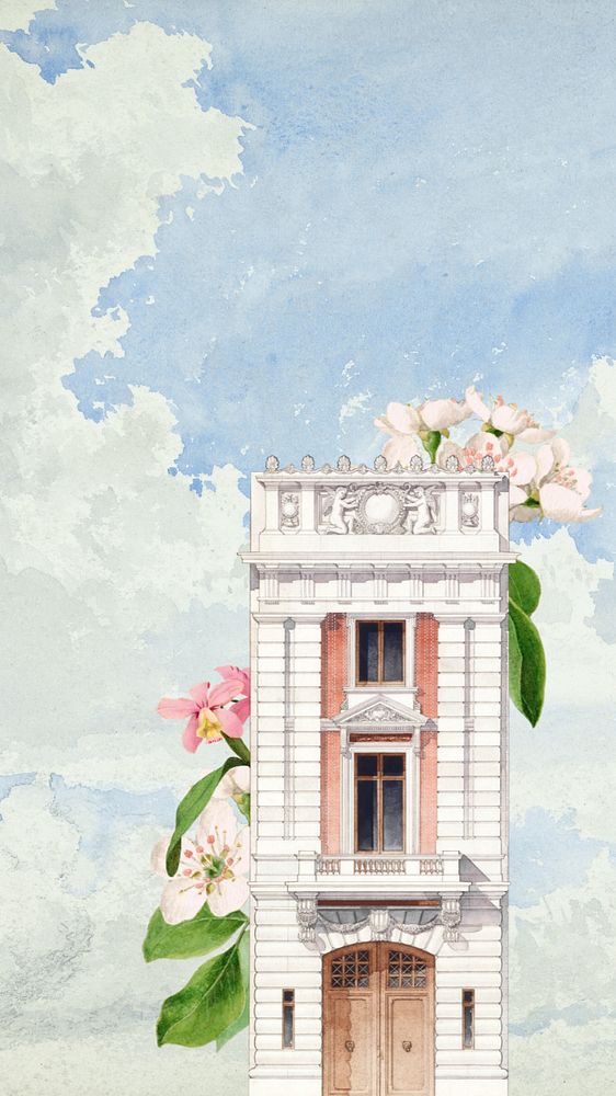 Building & flower mobile wallpaper, editable watercolor design