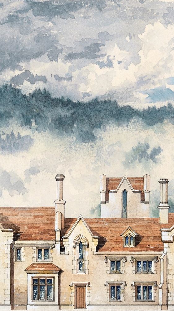 Mansion in countryside mobile wallpaper, editable watercolor design