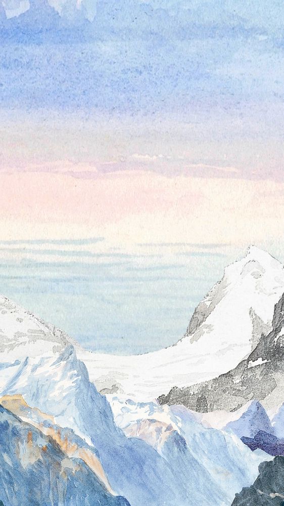 Snowy mountain range mobile wallpaper, editable watercolor design