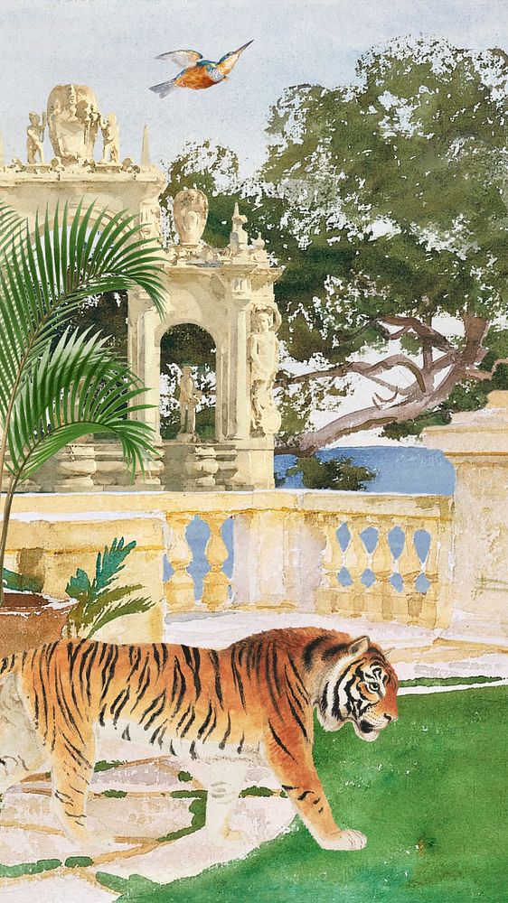 Tiger walking on balcony mobile wallpaper, editable watercolor design