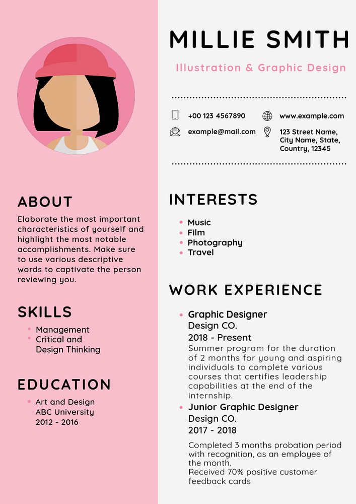 Feminine CV editable template resume for entry level and professionals