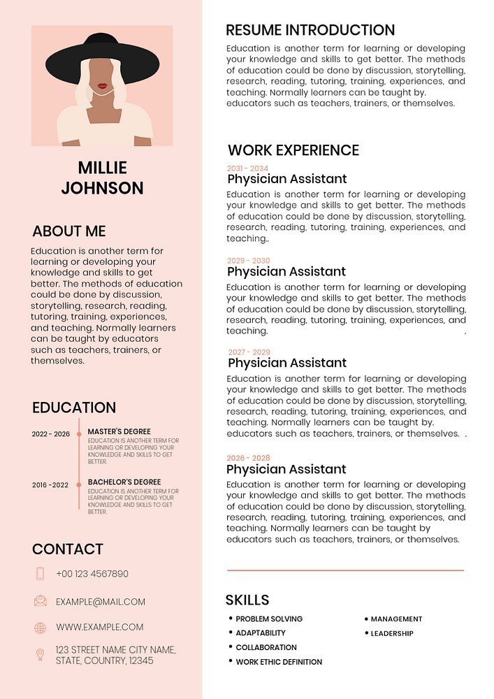 Feminine CV editable template resume for entry level and professionals