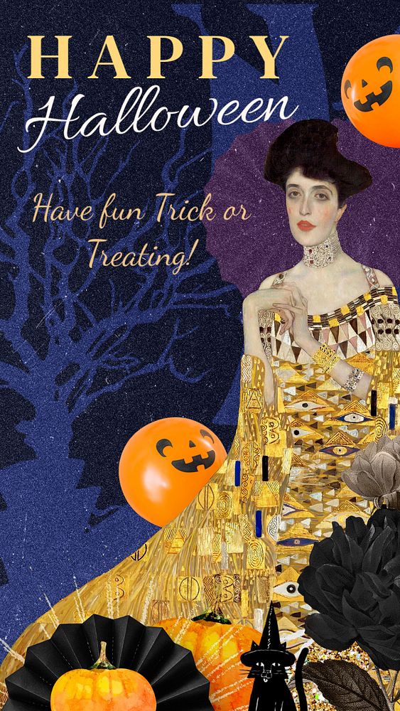 Happy Halloween Instagram story template, Gustav Klimt's art nouveau illustration, remixed by rawpixel