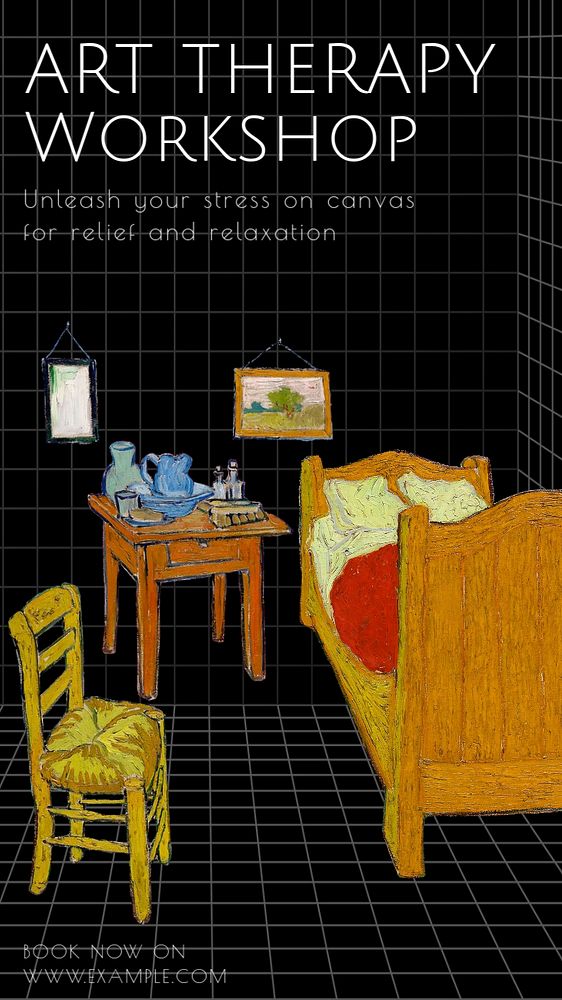 Art workshop Instagram story template, famous Van Gogh's The Bedroom illustration, remixed by rawpixel.