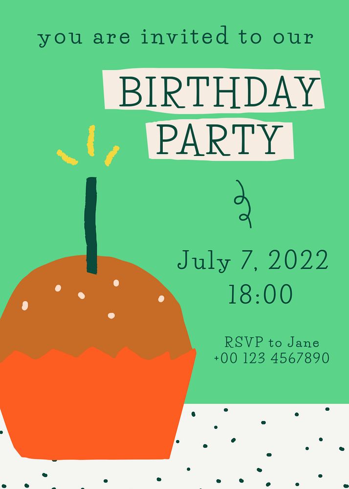 Birthday invitation card template, editable design with cute doodle cupcake