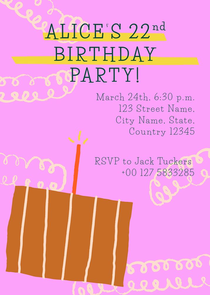 Birthday party invitation card template, editable cute design