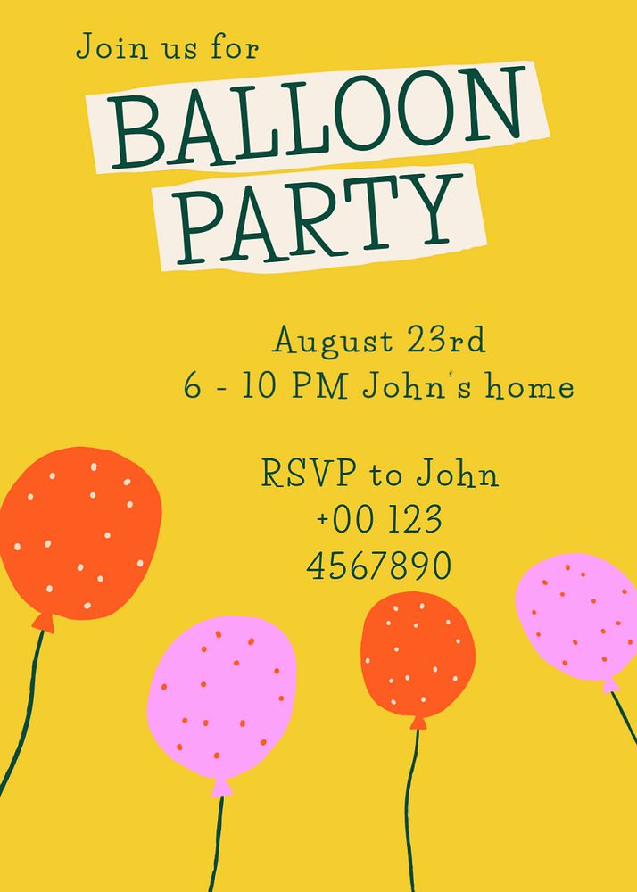 Party invitation card template, editable design with cute doodle balloons