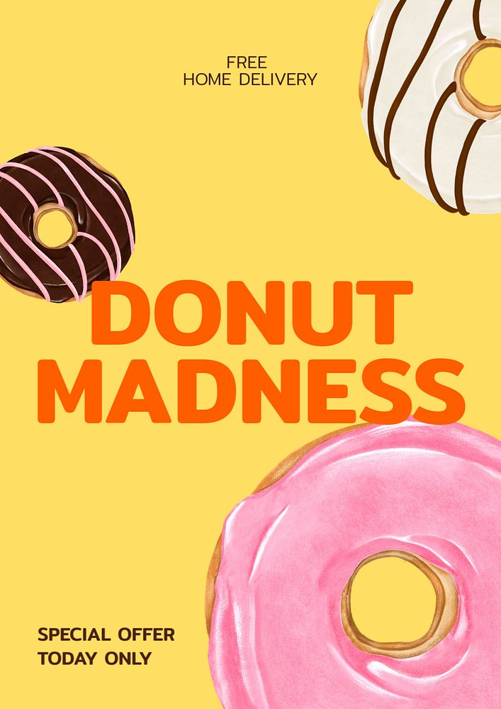 Donut madness editable poster template, dessert business ad