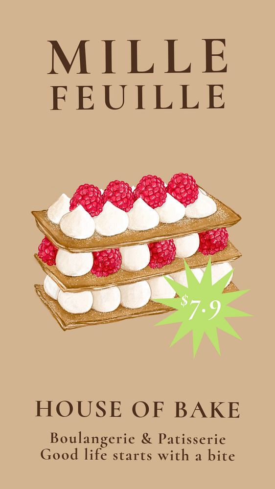 French pastry Instagram story template, mille feuille illustration