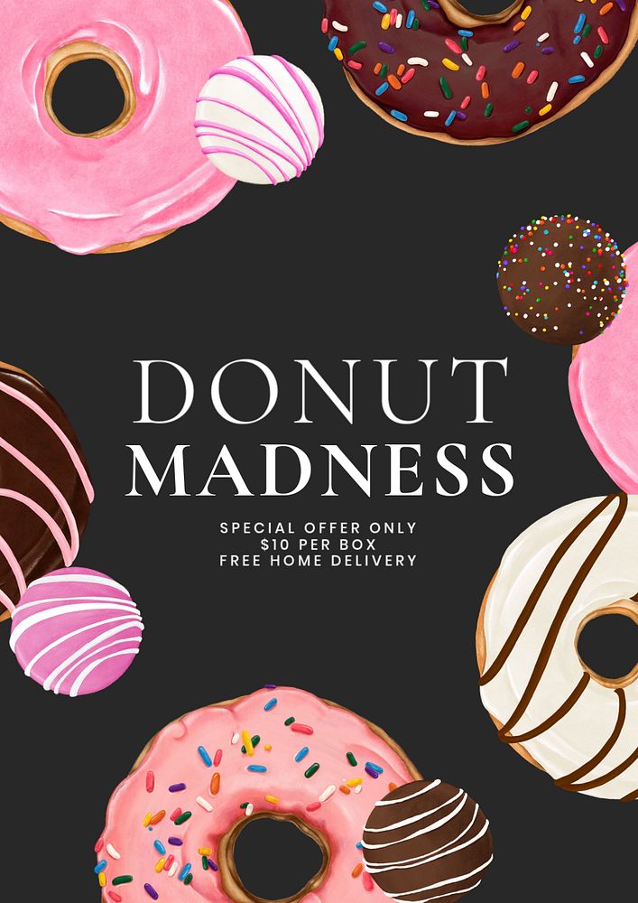 Donut madness editable poster template, dessert shop ad