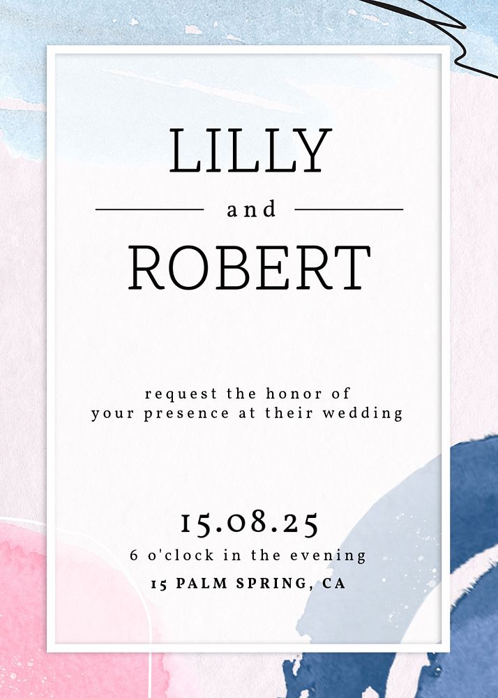 Wedding invitation card template, customizable watercolor design