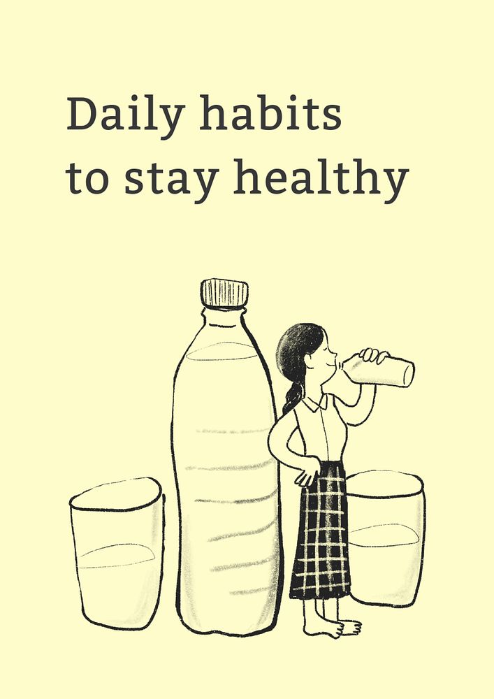 Stay healthy poster template, woman drinking water doodle