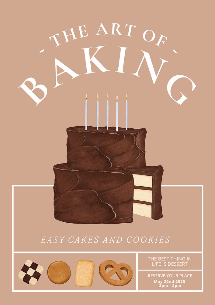 Baking class editable poster template, chocolate cake illustration