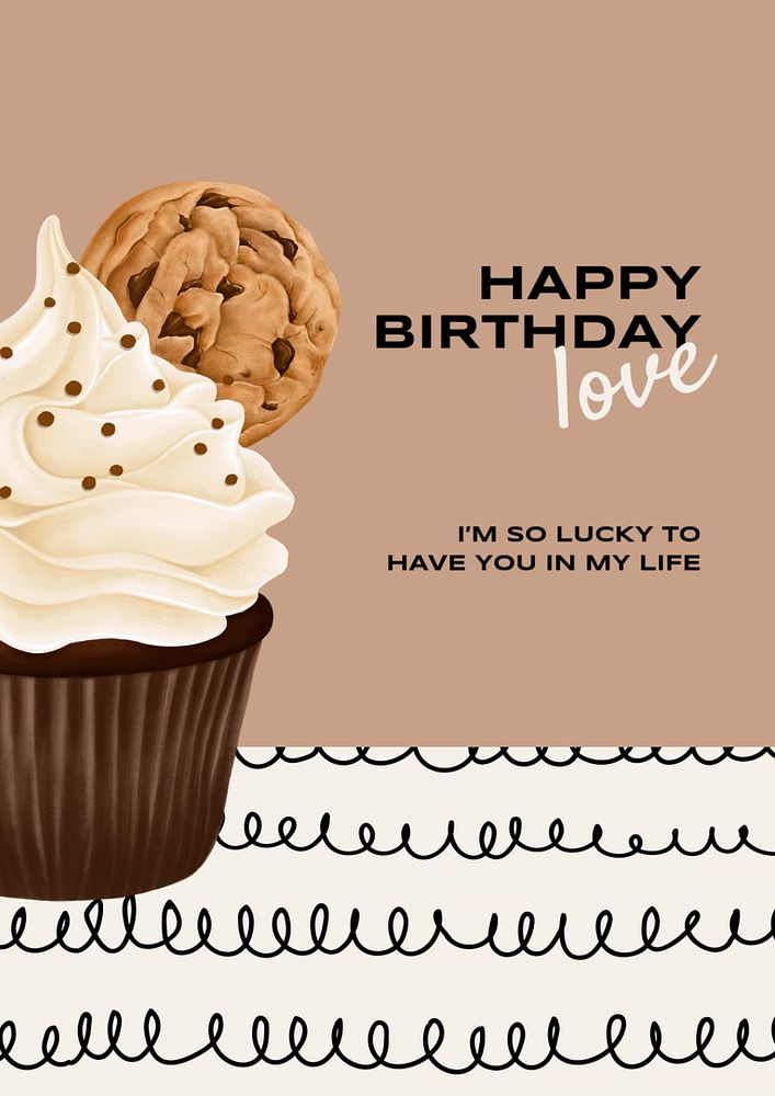 Happy birthday editable poster template, chocolate cupcake illustration