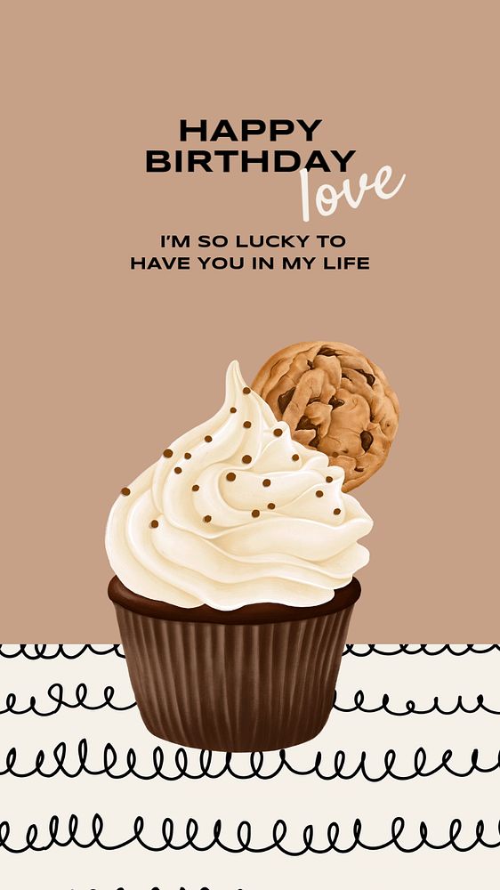 Happy birthday Instagram story template, chocolate cupcake illustration