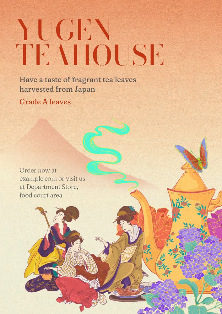 Asian teahouse editable poster template, vintage Ukiyo-e art remix