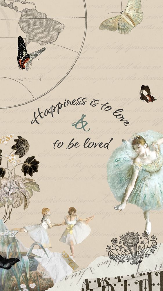 Happiness quote phone wallpaper template, vintage ephemera remix