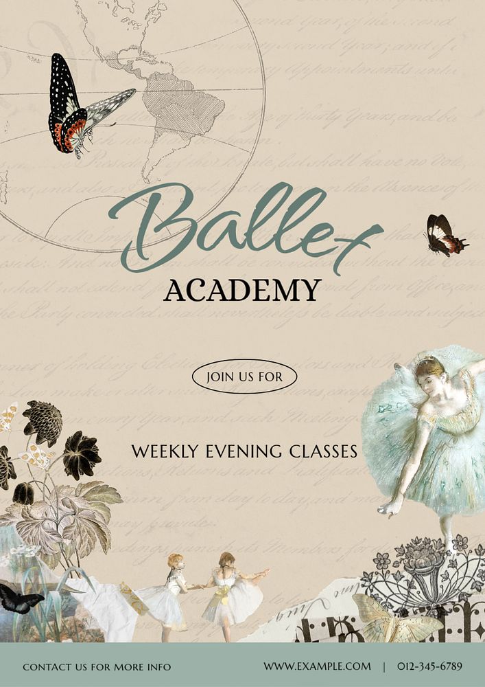 Ballet academy editable poster template, vintage ephemera remix