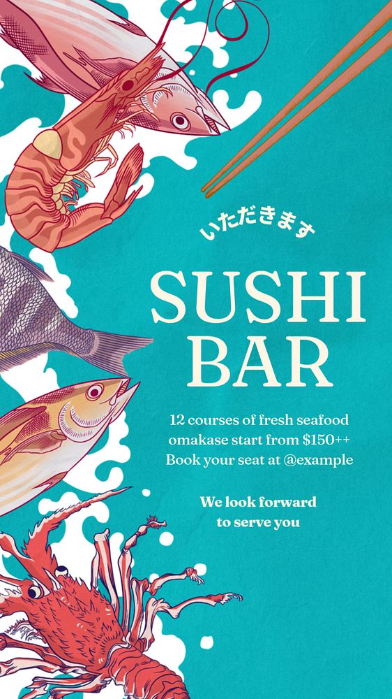 Sushi bar Instagram story template, editable vintage Ukiyo-e art remix