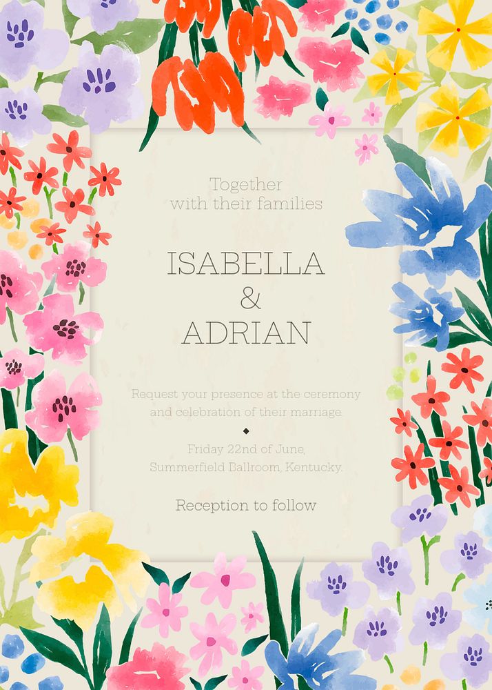 Wedding invitation card template, editable flower design