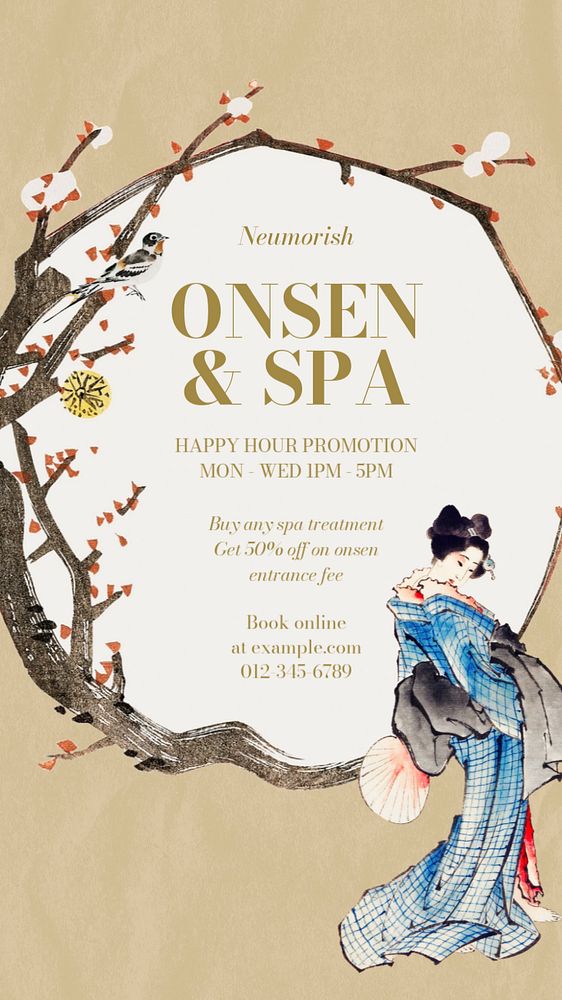 Japanese onsen Instagram story template, editable vintage Ukiyo-e art remix