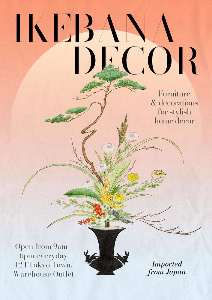 Ikebana decor editable poster template, vintage Ukiyo-e art remix