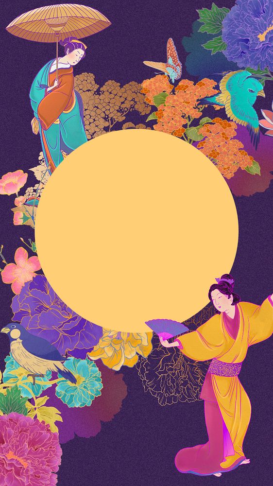 Editable vintage Japanese women, floral frame, ukiyo-e remix