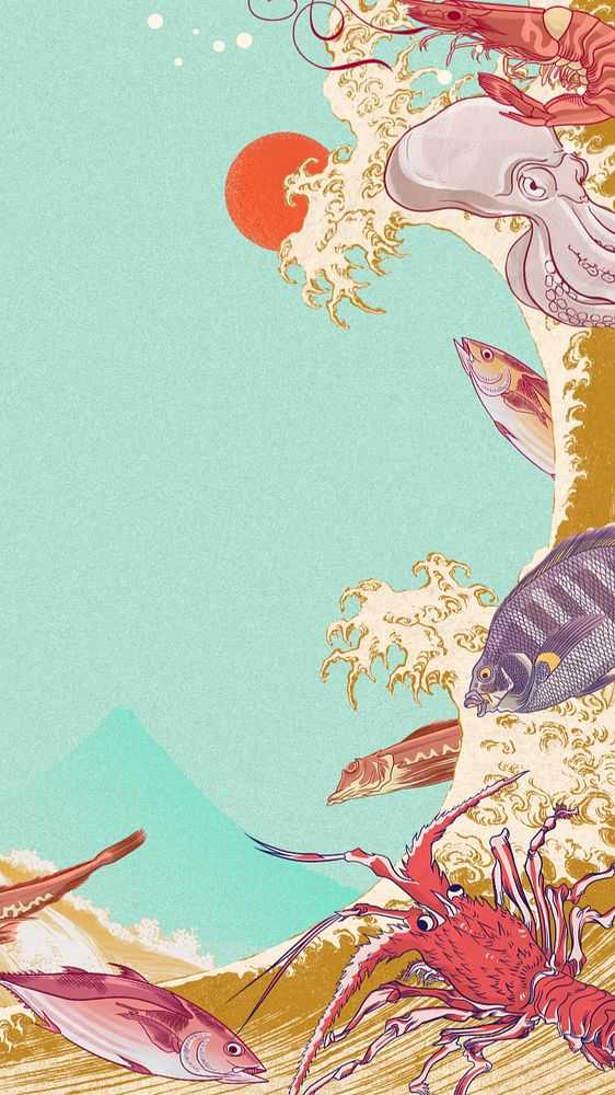 Vintage seafood mobile wallpaper illustration, editable design