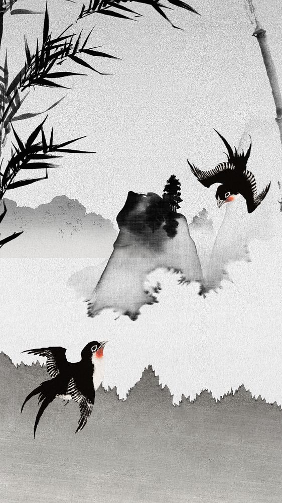 Japanese birds mobile wallpaper, black forest illustration, editable design