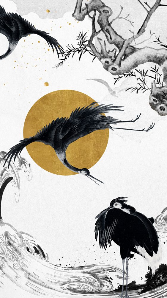 Oriental cranes iPhone wallpaper, vintage Japanese illustration, editable design