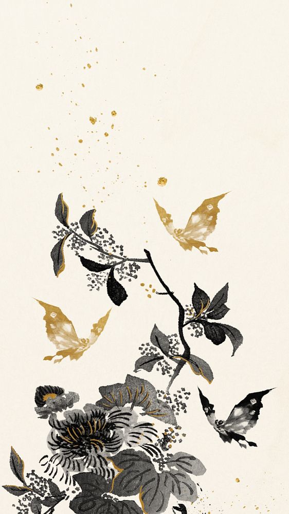 Aesthetic moths iPhone wallpaper, gold and black illustration, editable design