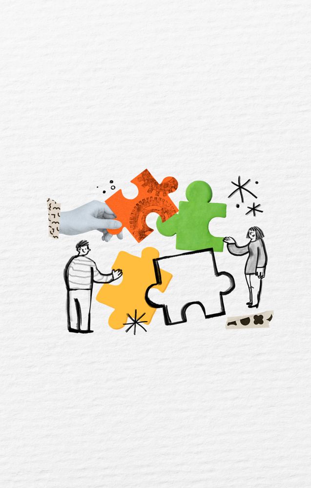 People solving puzzle, teamwork doodle, editable design