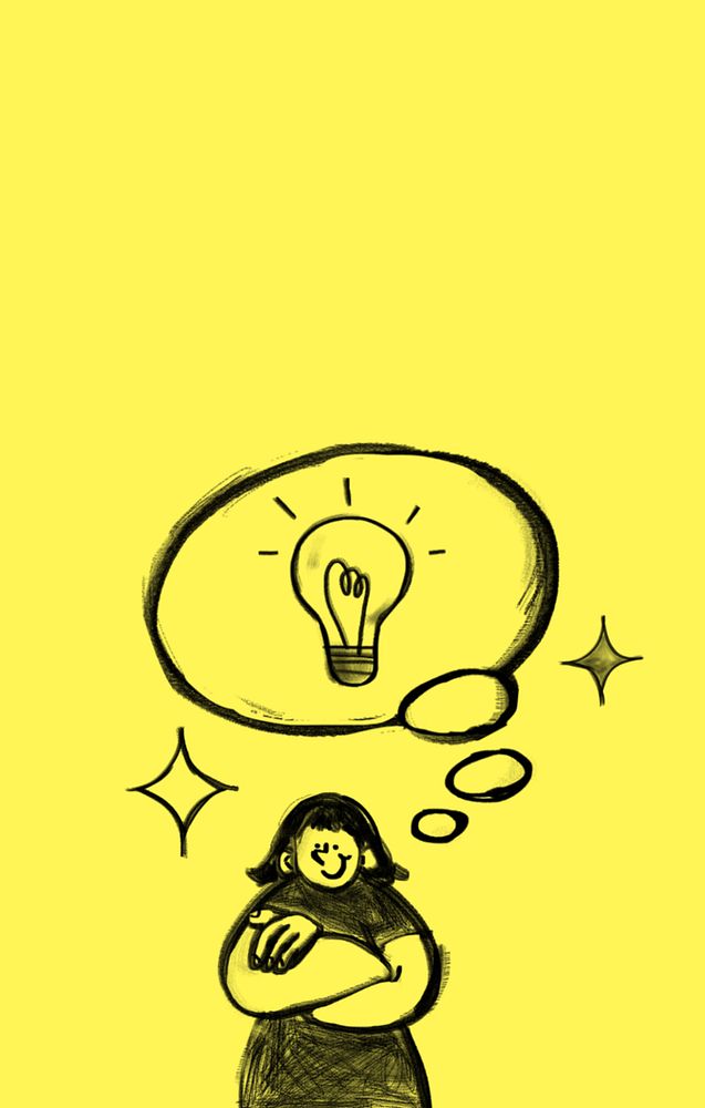 Woman cartoon with creative ideas, light bulb illustration, editable design