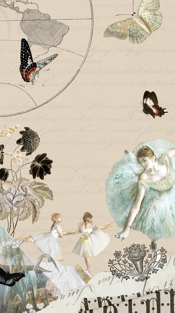 Beige vintage ballerina iPhone wallpaper, mixed media illustration