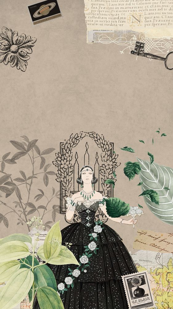 Brown vintage lady phone wallpaper, mixed media illustration