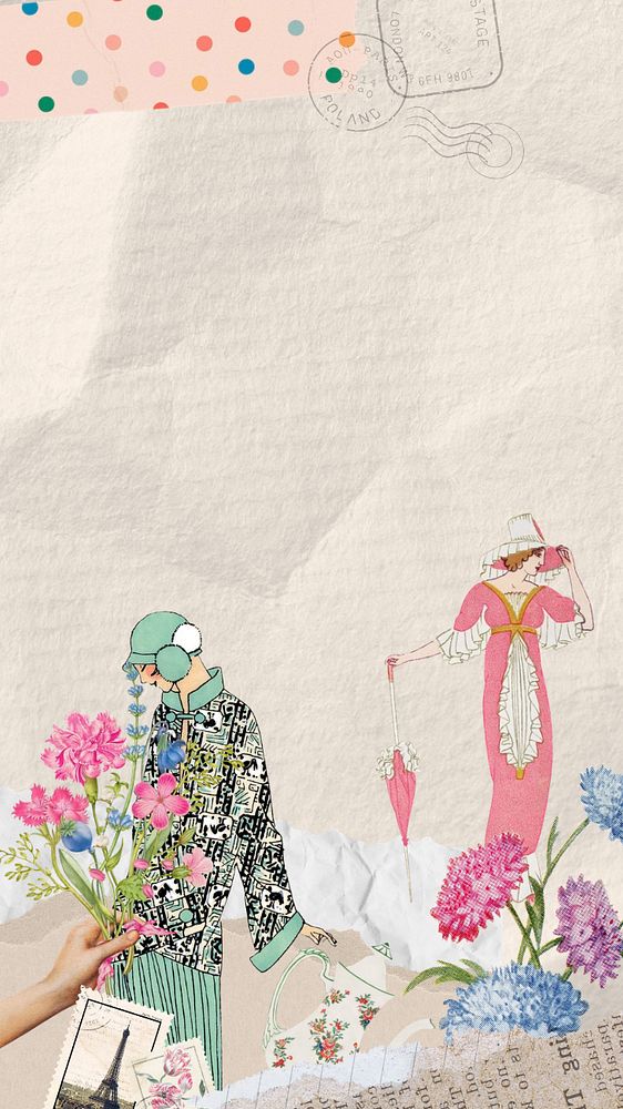 Vintage lady mobile wallpaper, mixed media illustration