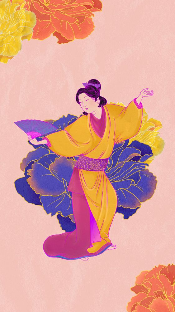 Editable vintage Japanese traditional dance, female performer ukiyo-e remix