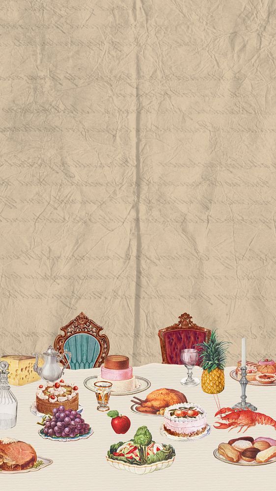 Supper table ephemera phone wallpaper, vintage mixed media illustration