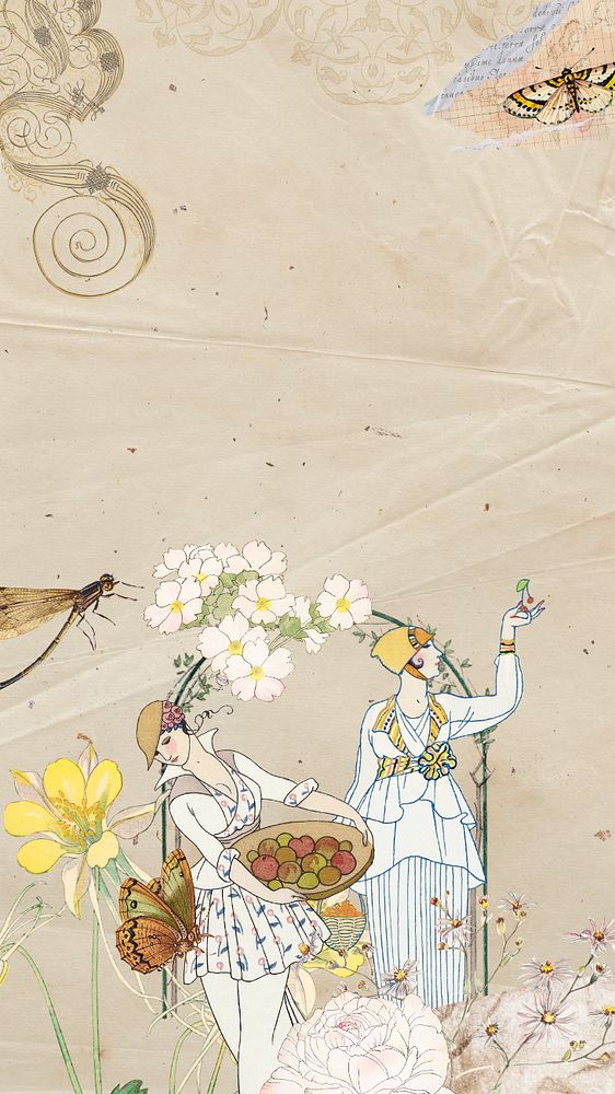 Garden ladies vintage iPhone wallpaper, mixed media illustration