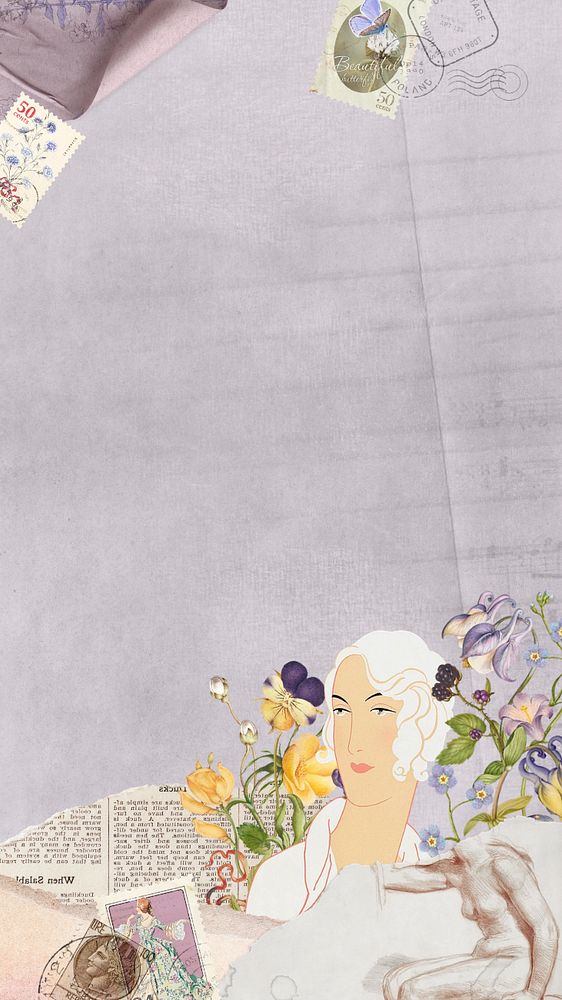 Purple ephemera phone wallpaper, vintage lady mixed media illustration