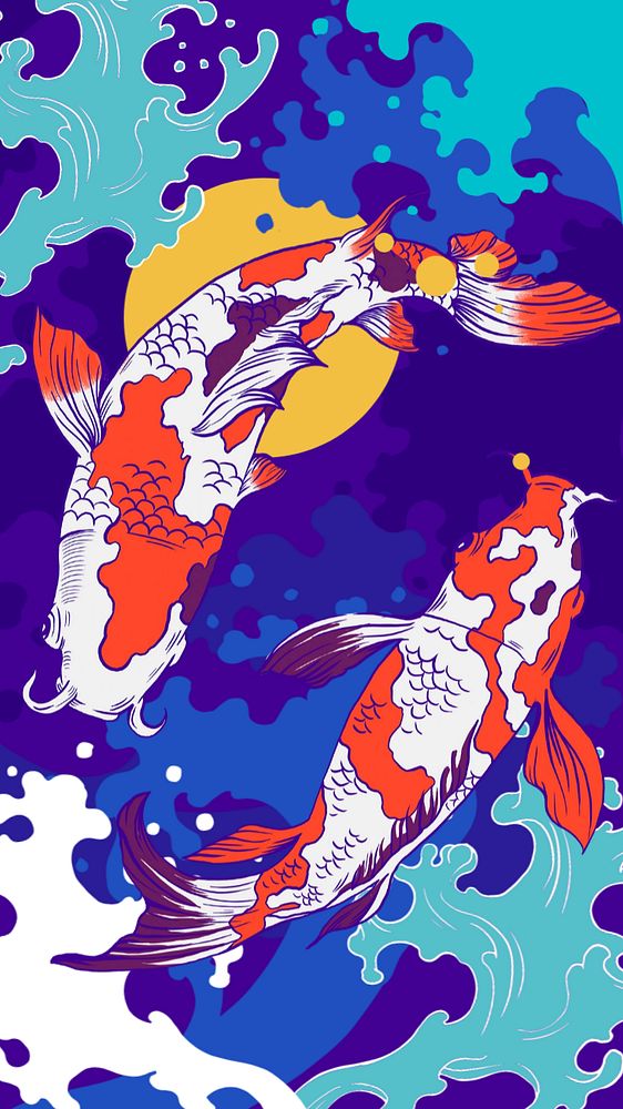 Koi carp fish iPhone wallpaper, Japanese oriental illustration, editable design