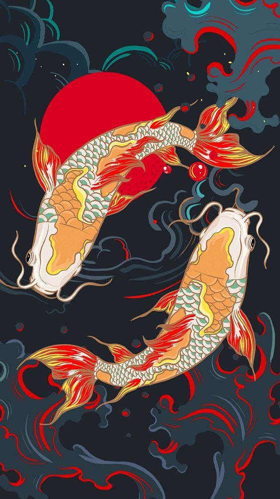 Koi carp fish iPhone wallpaper, Japanese oriental illustration, editable design