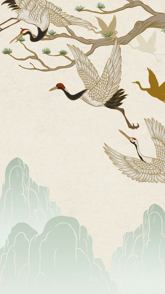 Vintage Japanese cranes iPhone wallpaper, editable design